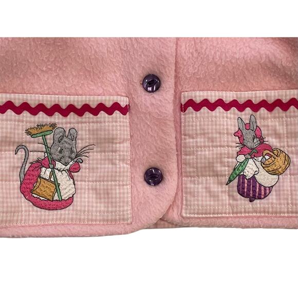 Girl's Handmade Pink Fleece Coat, Mouse, Bunny, Pockets, Ribbon Detail, 4-5T - Picture 3 of 11